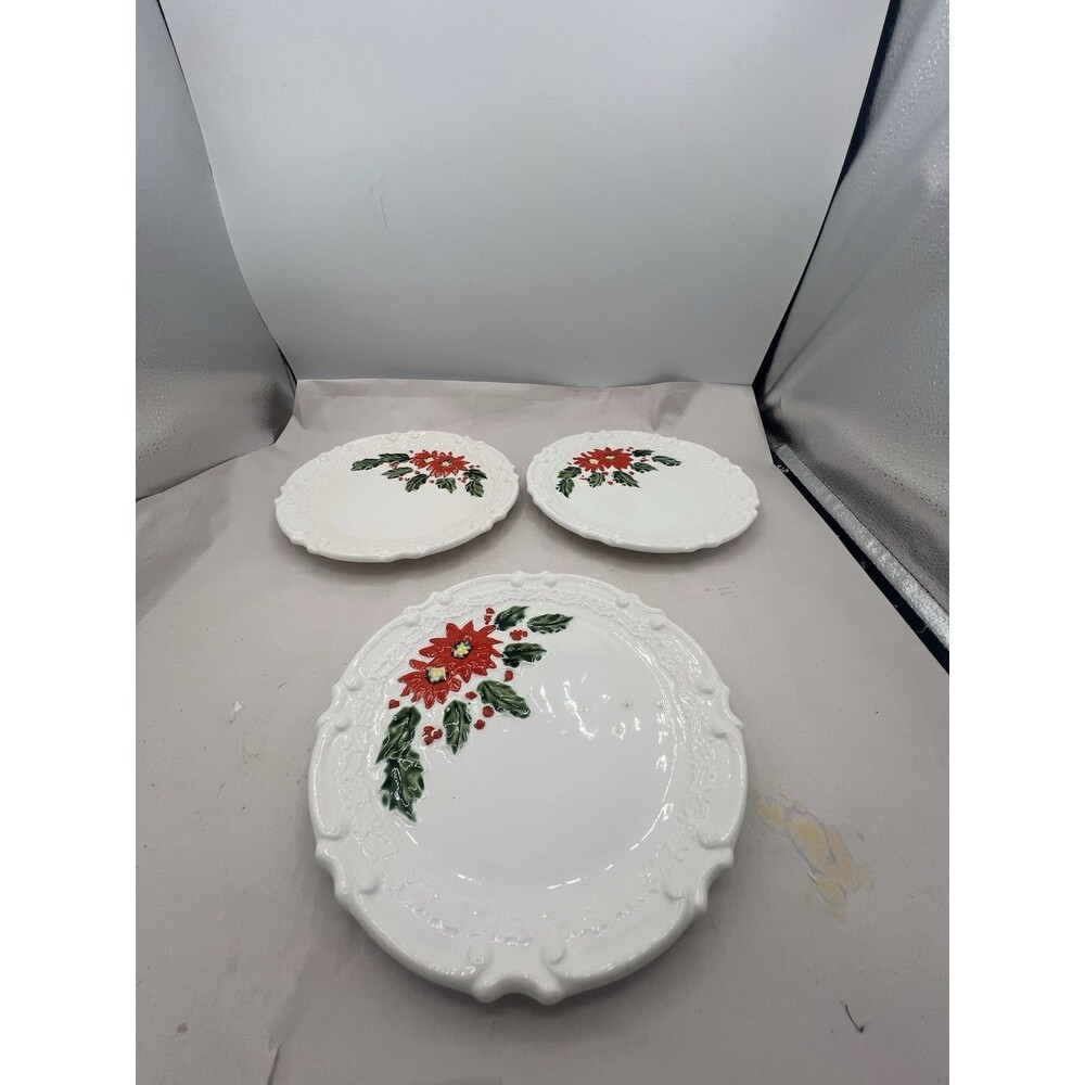 3 Vintage Christmas Plates Japan Hand Painted Poinsettia Cookie Bread 8in*